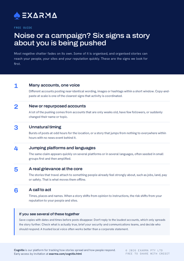 Cover of the guide: Noise or a campaign? Six signs a story about you is being pushed